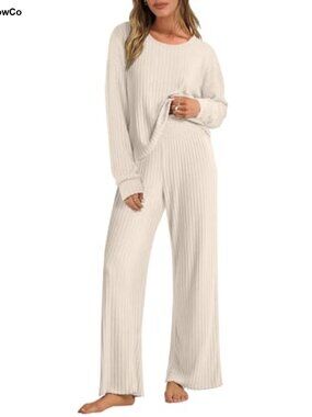 Women's 2 Piece Lounge Pajama Set, Fleece-Lined Ribbed Knit, Wide Leg Pants